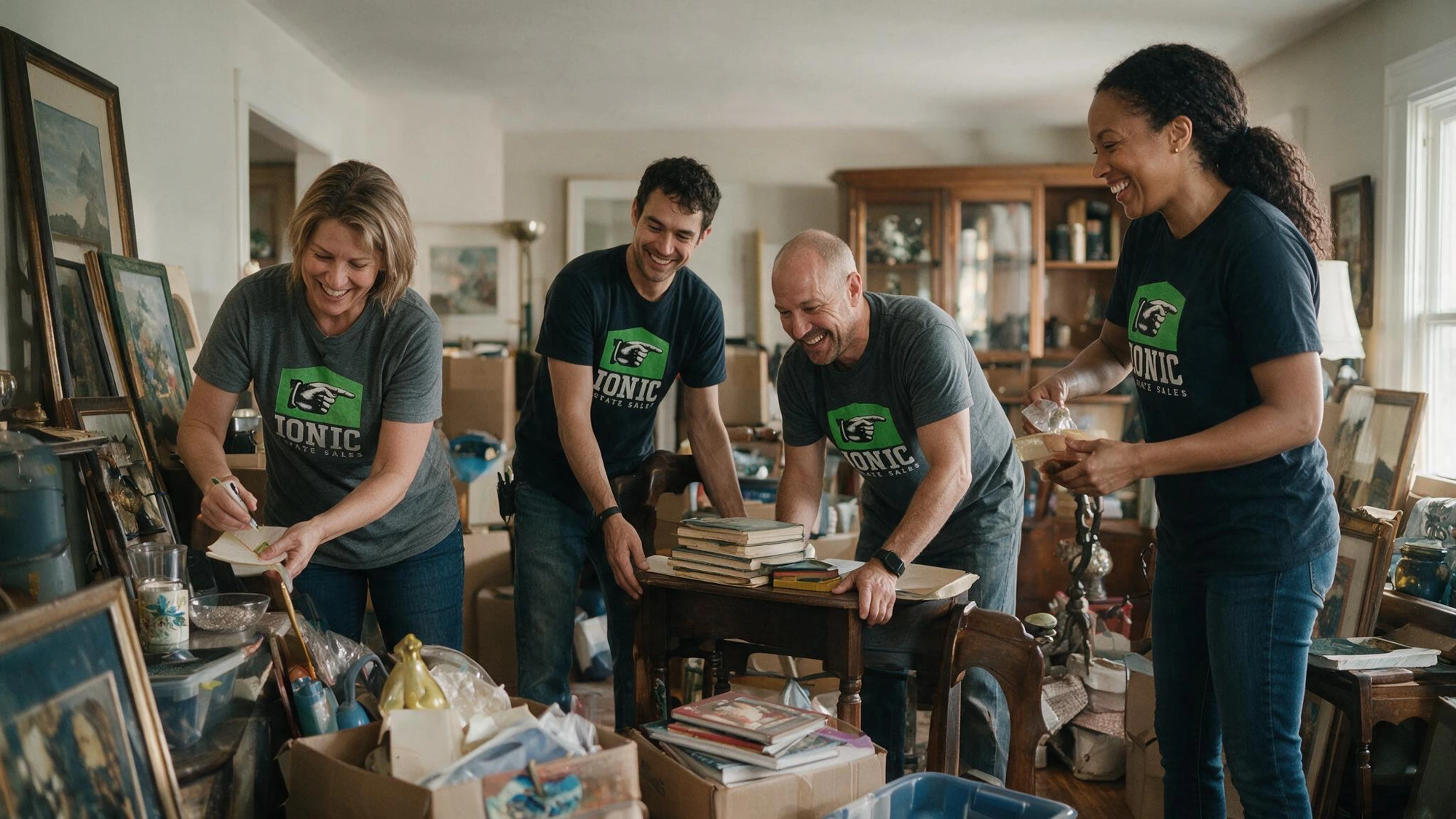 Ionic Estate Sales team members in branded shirts working through a home living room
