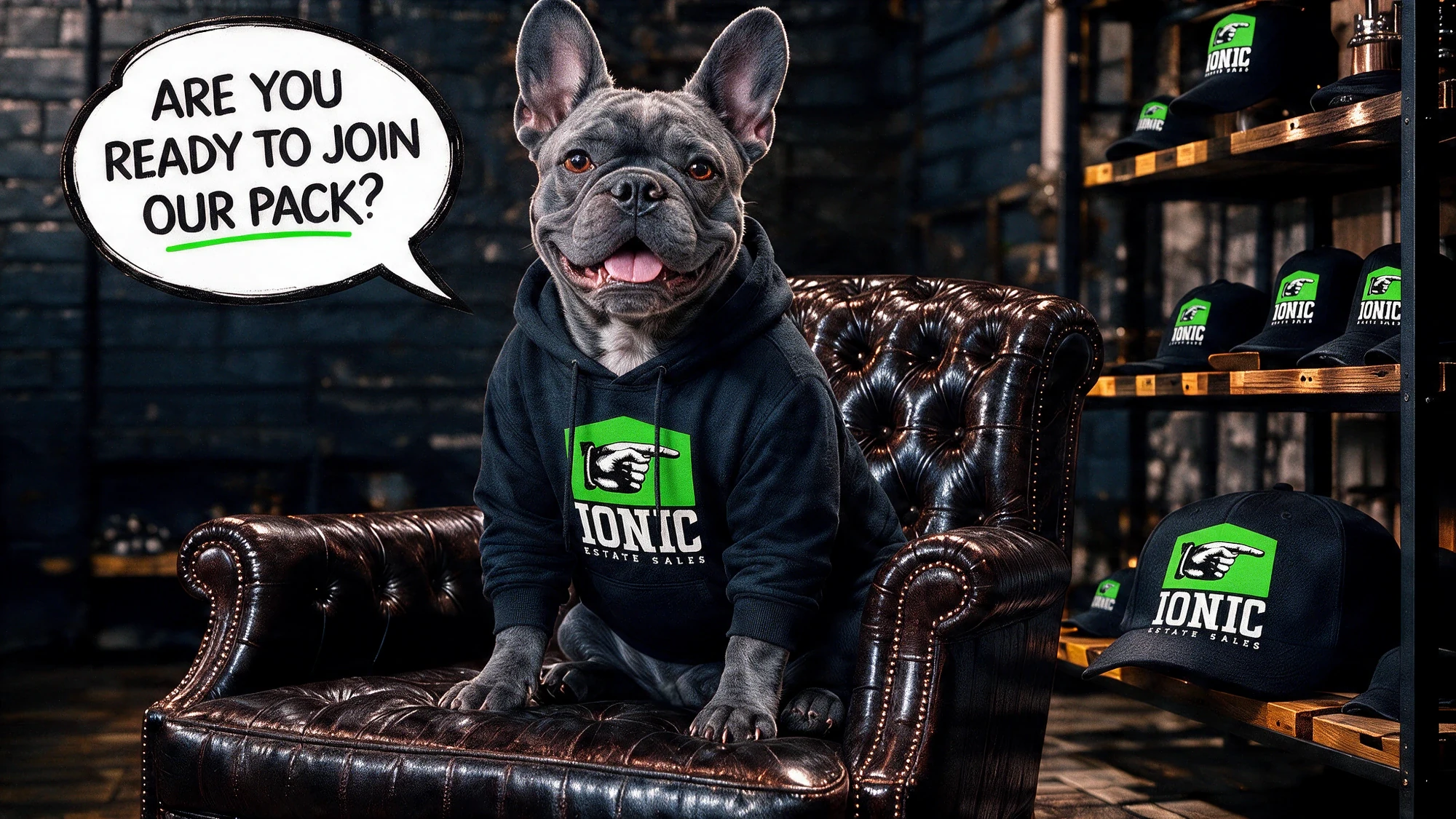 Ionic bulldog mascot in a leather chair with a speech bubble that reads Are You Ready To Join Our Pack