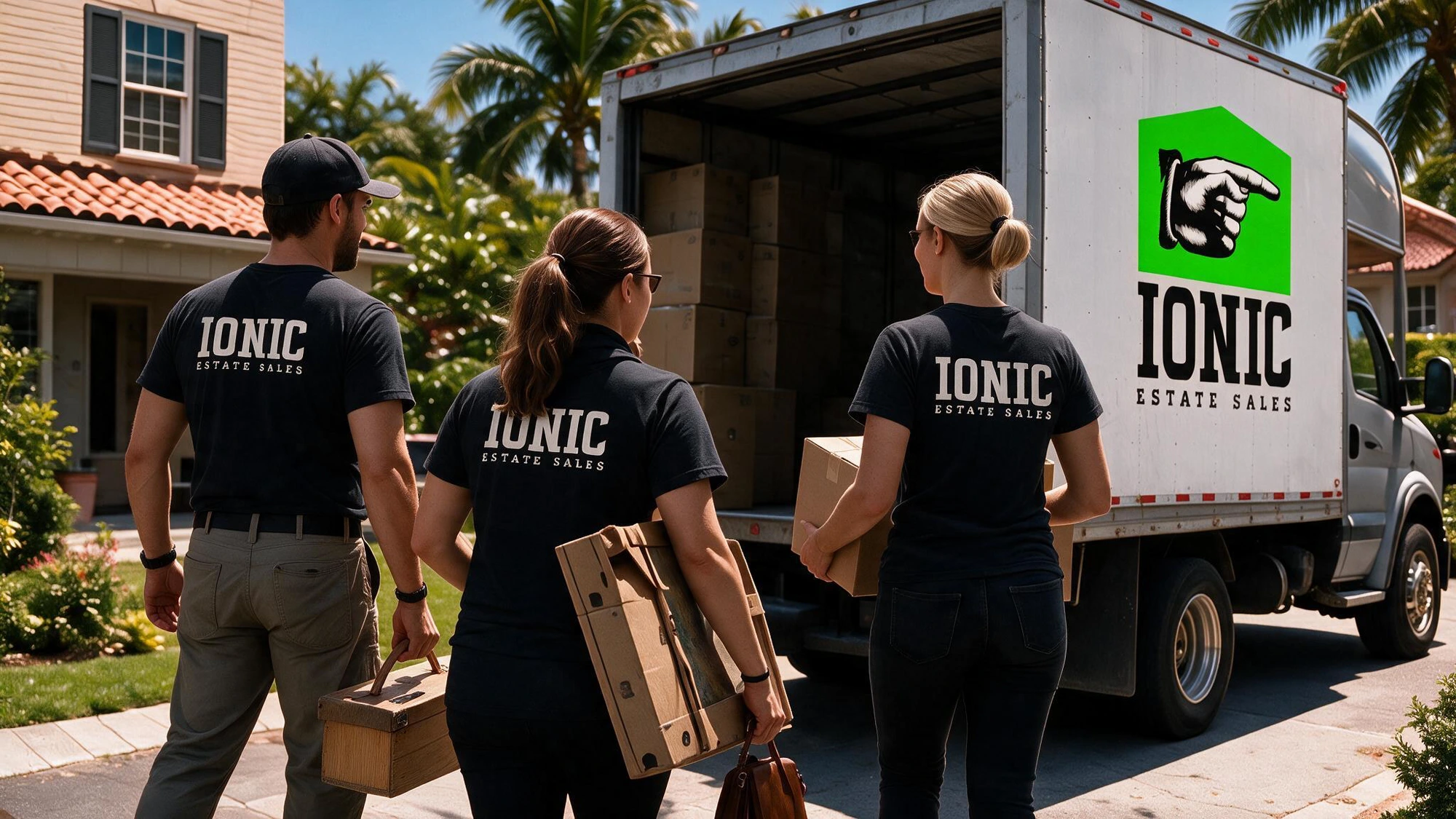 Ionic Estate Sales team members in branded shirts loading an Ionic-branded truck at a residential estate