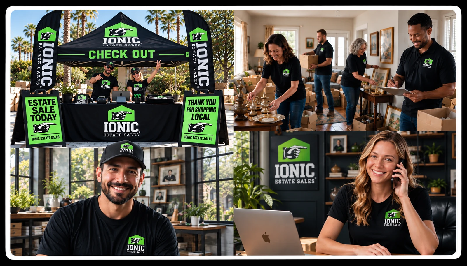 Photo collage of Ionic franchise owner, a woman working on a laptop, and Ionic team members collaborating