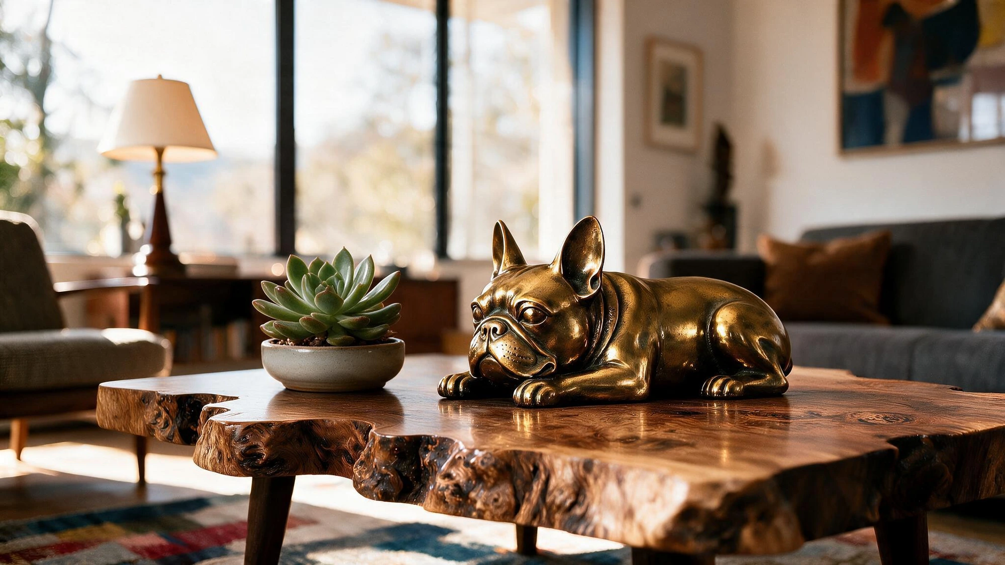 A bronze French bulldog and a small succulent resting on a live-edge wood coffee table in a warm, low-lit room