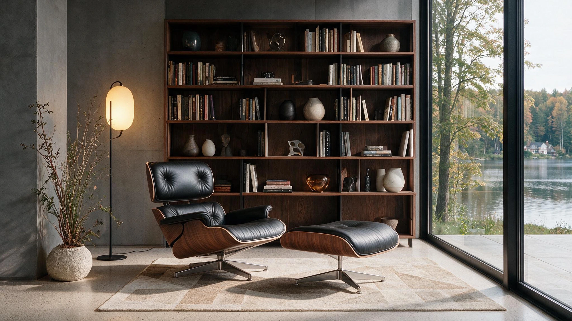 A sculpted lounge chair and ottoman warmed by firelight in a quiet industrial space